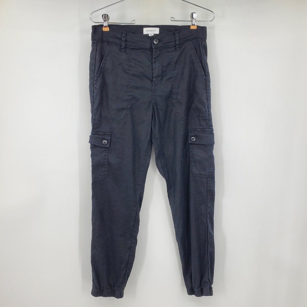 Evereve Black Linen Blend Cargo Jogger Pants Size 28 Herringbone Utility Casual